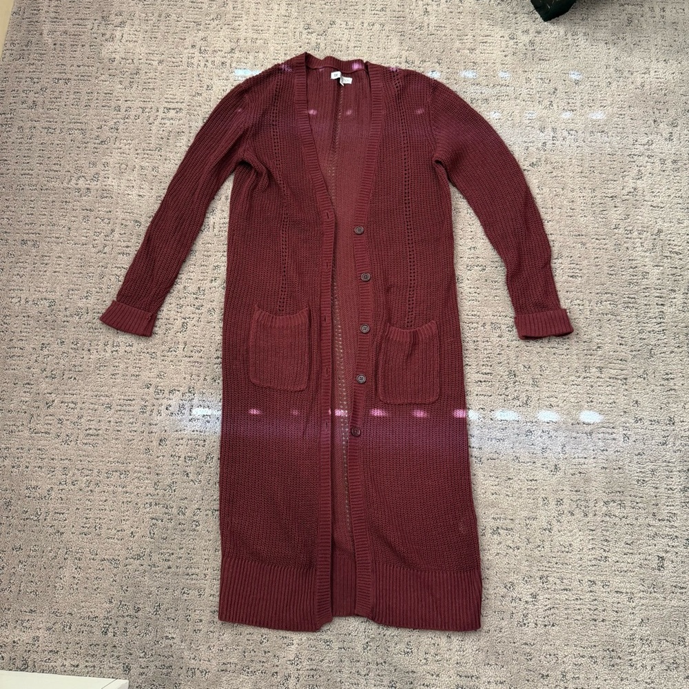 Long Burgundy Cardigan with Pockets